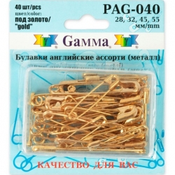 Gamma PAG-40 Булавки английские под золото в блистере 40 шт, 28, 32, 45, 55 мм, купить в интернет магазине Стелла Арт